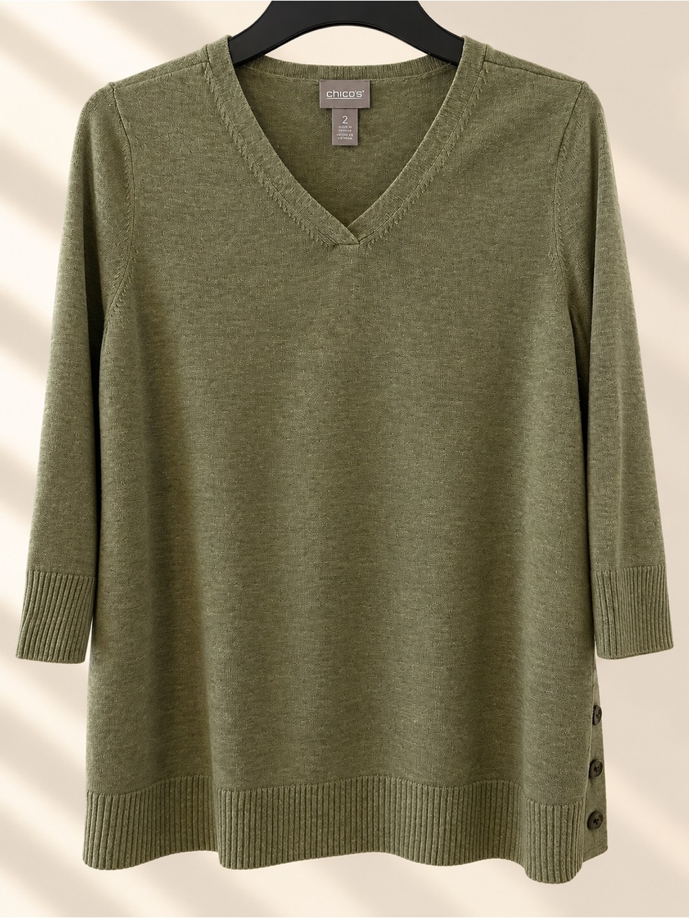 Chico’s V-Neck Cotton Rayon Sweater Olive Green Size 2 Large